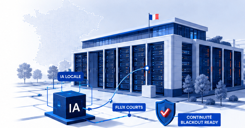 Infographie éditoriale sur l’hébergement d’une IA locale dans un datacenter français, avec machine dédiée, flux courts, continuité et souveraineté.