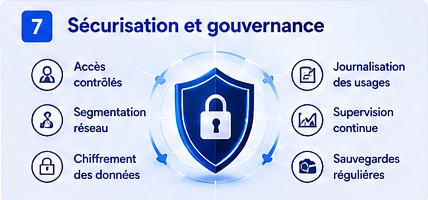 Sécurisation et gouvernance : accès contrôlés, segmentation réseau, chiffrement, journalisation, supervision et sauvegardes.