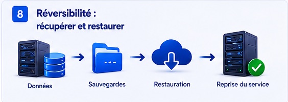 Réversibilité : données, sauvegardes, restauration et reprise du service.