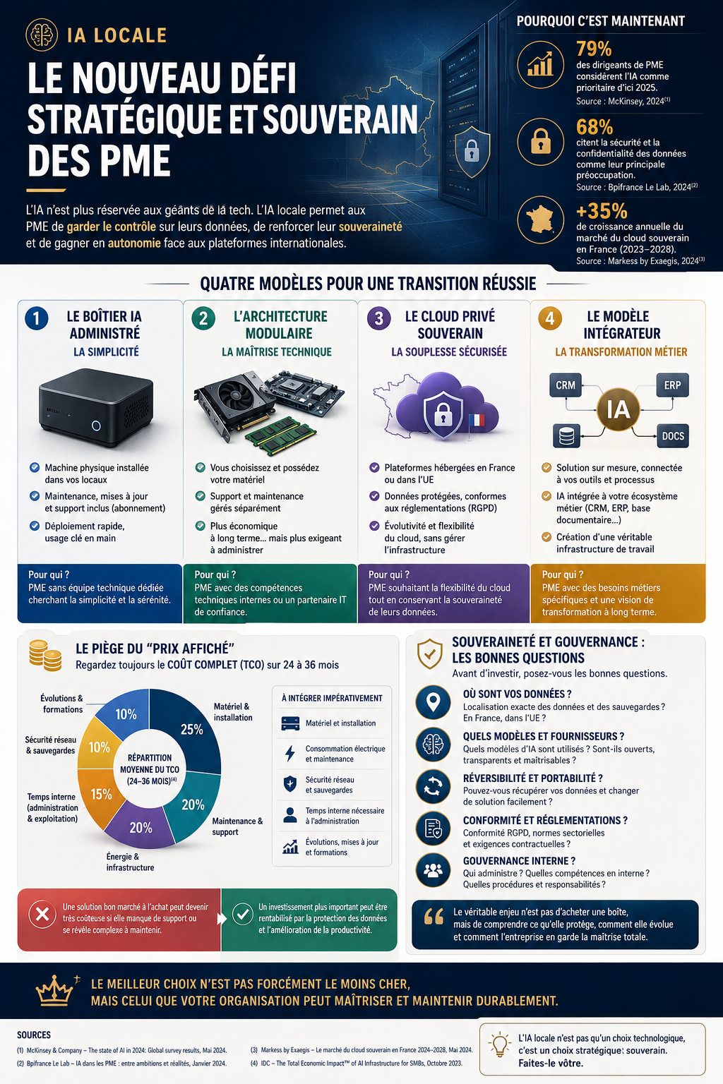 Infographie sur les modèles de coût d'une IA locale pour PME : boîtier administré, architecture modulaire, cloud privé souverain et intégrateur.